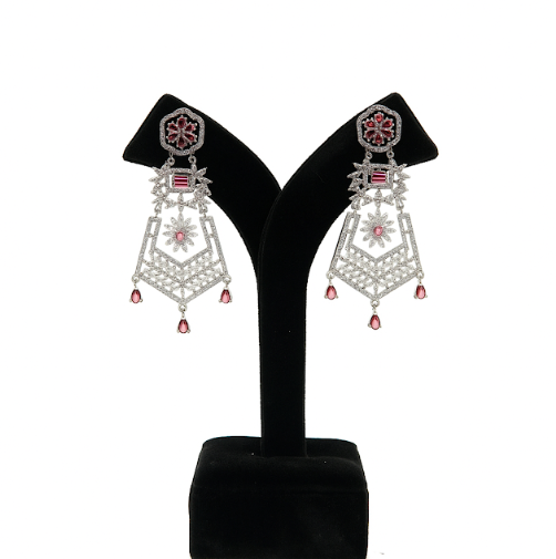 Elegant Silver Finish Party Wear Earrings with Pink Stone Drops